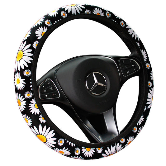 Lněný potah na volant – černý design se sedmikráskou (univerzální, 38 cm)