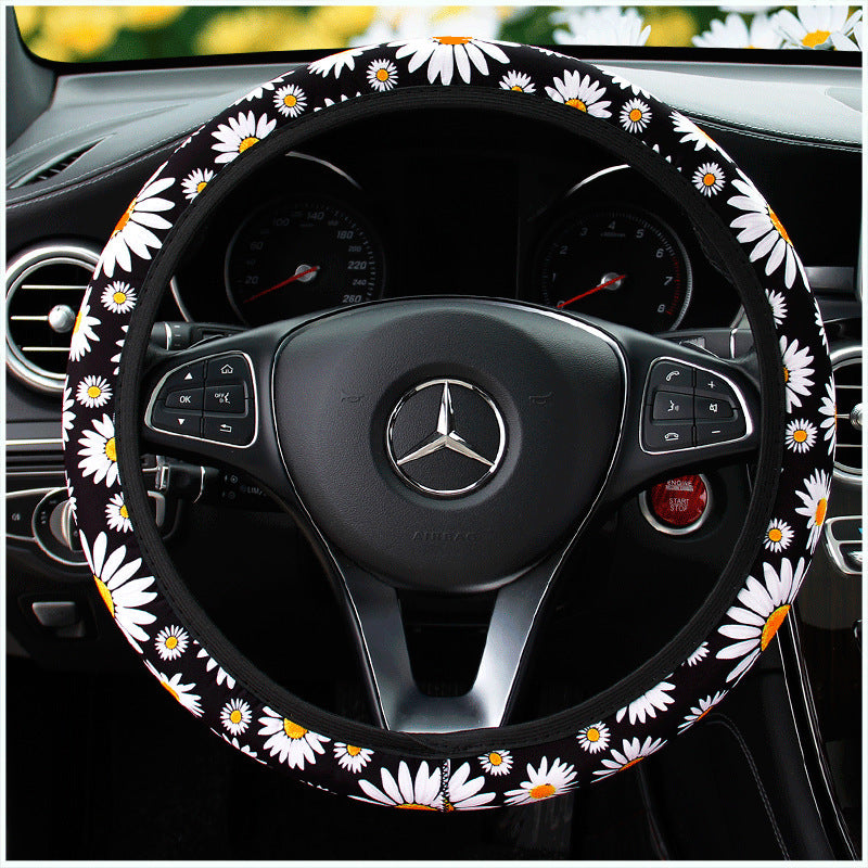 Lněný potah na volant – černý design se sedmikráskou (univerzální, 38 cm)