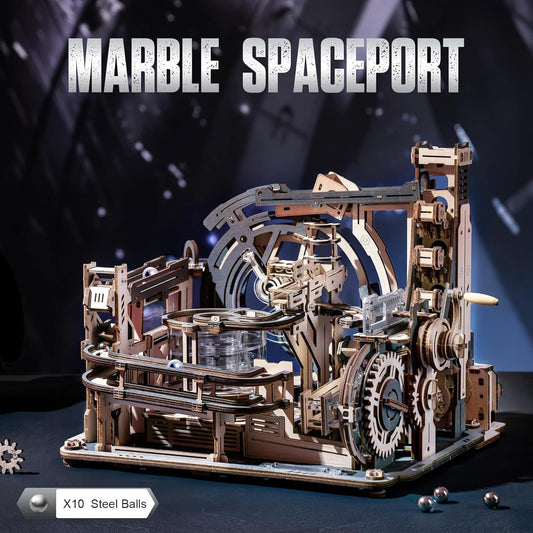 ROKR 3D mechanická stavebnice Marble Spaceport – elektrický a ruční pohon, luxusní dřevěný model kuličkové dráhy