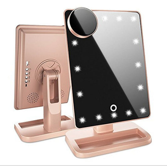 Dotykové make-up zrcadlo s LED osvětlením, Bluetooth reproduktorem a 10× zvětšovacím zrcátkem – 3v1